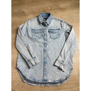 EUC True Religion Women's Logo Georgia Long Sleeve Denim Pearl Snap Shirt Size S